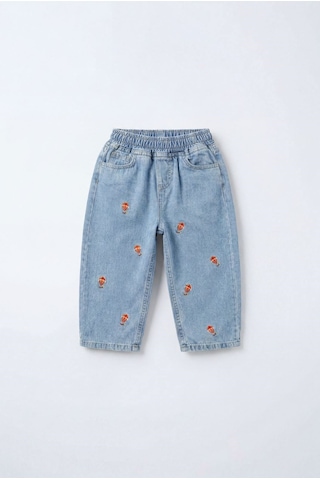 Magu Unisex Çocuk Pamuklu Balon Nakışlı Oversize Kot Pantolon Mavi