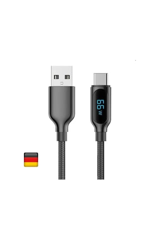 Woyax by Deji Dijital Göstergeli 1.2M PD 66W USB to Type-C Örgülü Hızlı Şarj ve Data Kablosu – Siyah