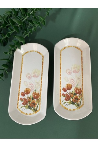 Vintage Lale 2 Adet Oval Kahvaltı Tabağı Kızıl Kahve