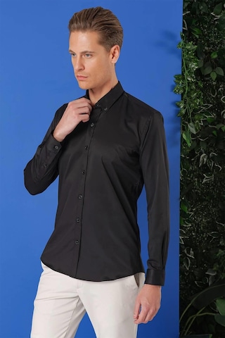 Efor Slim Fit Düğmeli Yaka Pamuklu Klasik Siyah Gömlek Gk 714 Siyah
