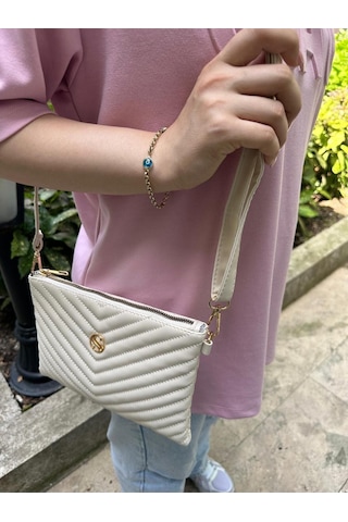 Kadın Suni Deri Krem Renkli Ayarlanabilir Çapraz Ve El Askılı Portföy, Clutch Çanta Krem