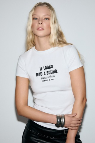 ETHIQUET CASSE INA Kadın Yumuşak Ve Esnek Kumaşlı Baskı Detaylı Bisiklet Yakalı Beyaz T-Shirt