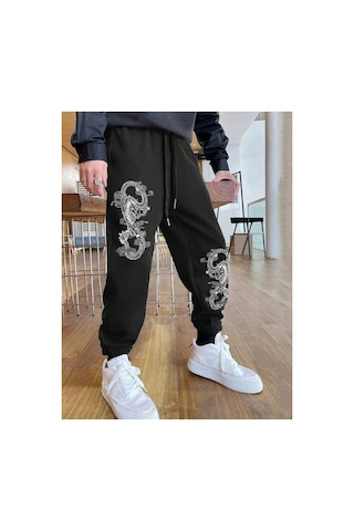 Tarzsokak Dragon & Letter Graphic Drawstring Waist Eşofman Altı Siyah