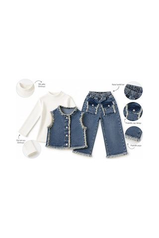 Lolliboomkids Unisex Kot Yelek Pantolon,triko Bluz 3 Parçalı Takım - 3-4 Yaş Denim