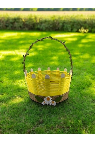 Sepet Takı Organizer Makyaj Kutusu Hasır El Yapımı Çok Amaçlı Komidin Üstü Sarı