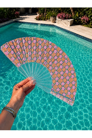 Şeffaf Pembe Turuncu Mini Çiçek Desenli Katlanır Yelpaze Yazlık Plaj Havuz Festival Aksesuarı Glitter Detaylı El Yelpazesi
