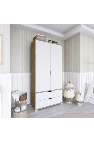 90 Cm Açık Ceviz-beyaz 2 Kapılı 2 Çekmeceli Elbise Dolabı - Gardırop Açık Ceviz & Beyaz