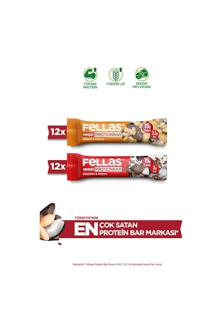 Fellas Yüksek Protein Bar 45 G Süper Ikili Kutu 24 Adet - Hind. Cevizli X 12 Adet + Yer Fıstıklı X 12 Adet