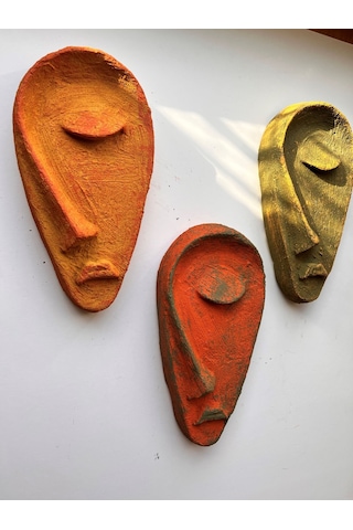 Özel Tasarım El Yapımı Heykel Soyut Yarım Yüz Maske 3'lü Set, Duvar Dekor, Ev-ofis Dekor