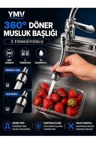 Ymv 360 Derece Döner Esnek 2 Fonksiyonlu Musluk Başlığı Mutfak Lavabo Batarya Çeşme Ucu 360 Ayarlanabilir Dönerli Musluk Başlığı