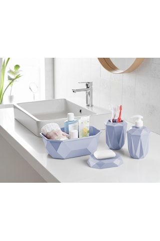 Geometrik Tasarımlı 4 Lü Banyo Seti Sabunluk Diş Fırçalık, Sıvı Sabunluk Sepet Açık Mavi
