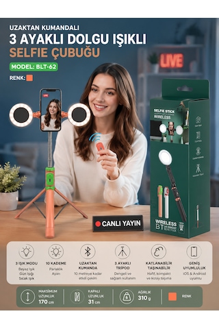 Bluetooth Kumandalı Dolgu Işıklı Led Selfie Çubuğu 170cm Tripod Telefon Standı