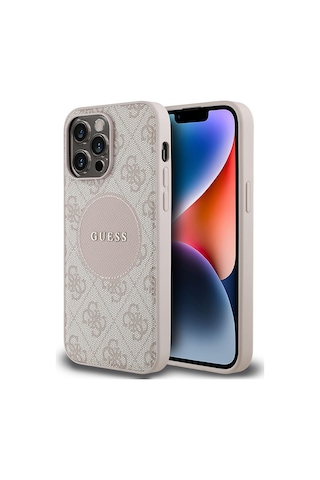 Apple Uyumlu iPhone 14 Pro Max Kılıf Guess Lisanslı M-safe Şarj Özellikli Yazı Logolu Circle Classic Kapak Pembe