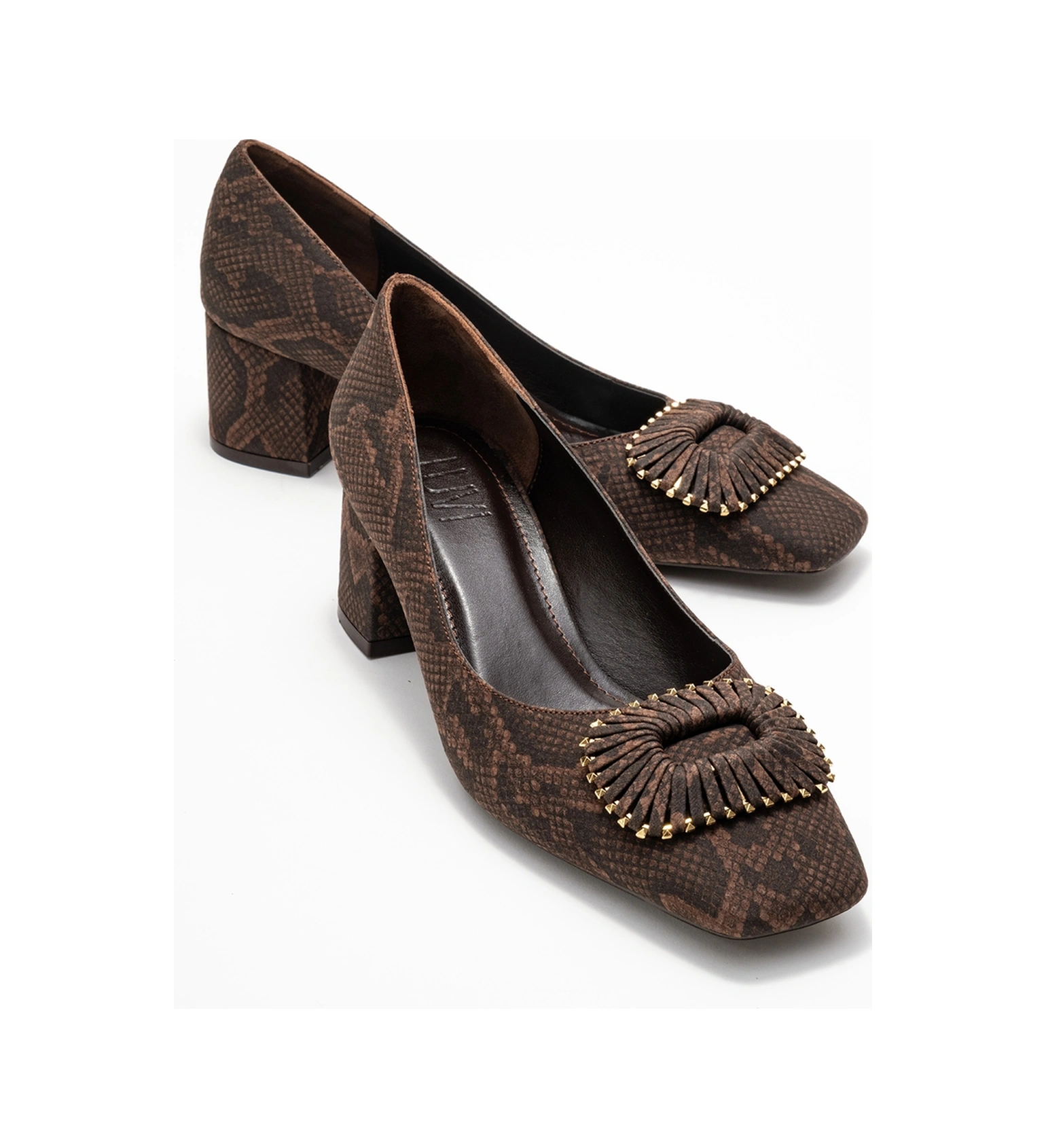 Velora Kahverengi Desenli Tokalı Kadın Kalın Topuklu Ayakkabı Kahverengi