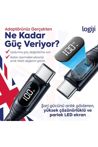 Logiji 100w Type-c Type-c Dijital Ekranlı Göstergeli Şarj Kablosu E- Çipli, Dayanıklı Örgülü, 1.2m, Usb-c Pd 3.0, İphone 15 16,17 Xiaomi Telefon, Macbook Tablet İle Uyumlu Sku: Smg8690010070913