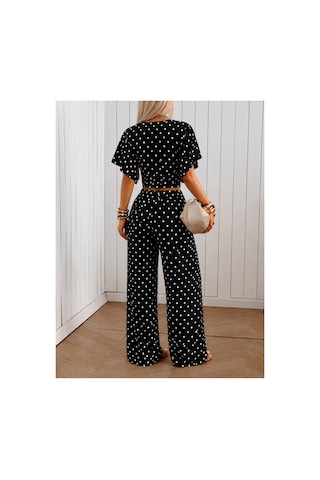 Hımmelduf Kadın Puantiyeli İkili Takım Crop Bluz Bol Paça Pantolon Siyah