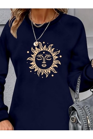 Kadın Uzun Kollu Bisiklet Yaka Güneş Desenli Viskon Iki Iplik Elbise Lacivert