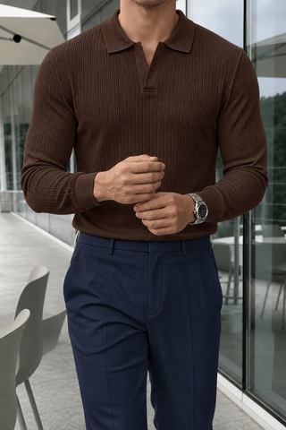 Genius Store Erkek Polo Yaka Kazak Fitilli Anti Pilling Tüylenme Yapmaz Regular Fit Erkek Triko Kazak Pyaka-kzk Kahverengi
