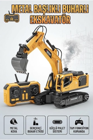 Metal Başlıklı Buharlı 1:18 Ölçekli Uzaktan Kumandalı 10 Fonksiyonlu 2.4 Ghz Oyuncak Ekskavatör Sarı