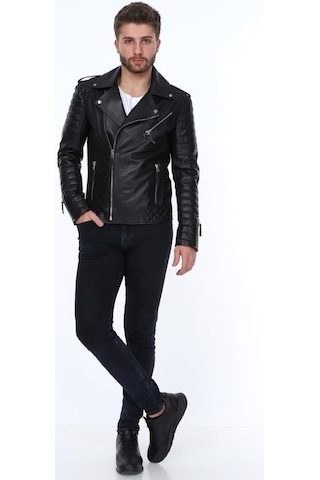 Hakiki Deri Siyah Manuel Fermuarlı Erkek Deri Ceket Siyah