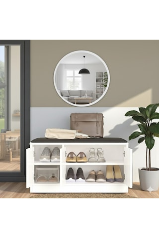 Robin Home Puflu Minderli Oturaklı Aynalı Ayakkabılık Dolap 90cm Beyaz Beyaz