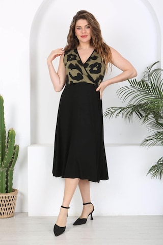 Kadın Siyah Haki Tiger Desen Bloklu Biye Detay Kruvaze Elbise-haki Haki