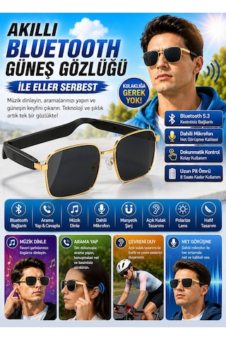 Yh Hy 0532 Gold Çerçeveli Siyah Akıllı Güneş Gözlüğü Polarize Çift Hoparlör Tws Gözlük Müzik Çağrı