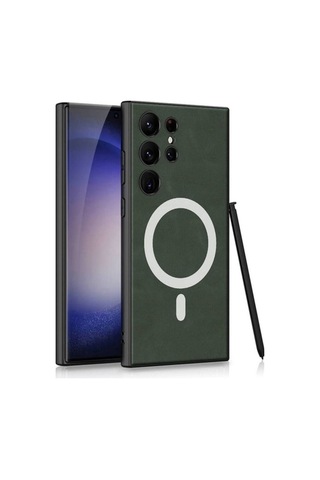 Galaxy S24 Ultra Kılıf M-safe Şarj Özellikli Deri Tasarımlı Zore Kıpta Nubuk Kapak Yeşil