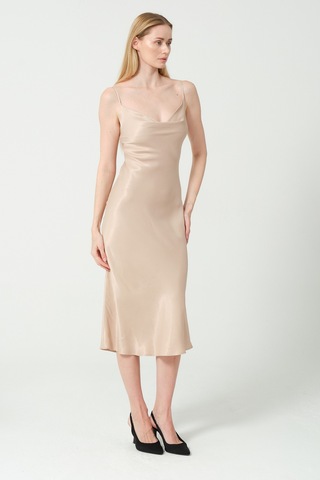 Degaje Döküm Saten Midi Elbise Multi Bej