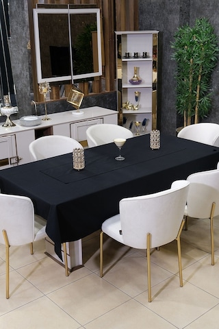 Dream 8 Parça Masa Örtüsü Seti Çeyiz Seti Salon Masa Örtüsü, Runner, 6'lı Peçete Siyah