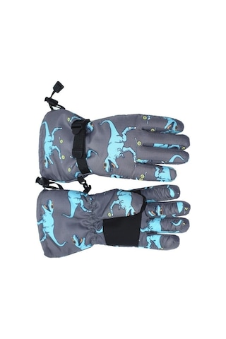 Su Geçirmez Erkek Çocuk Bere Eldiven Set 4-8 Yaş Kayak Snowboard Bere Eldiven Gri Mavi Dino Gri