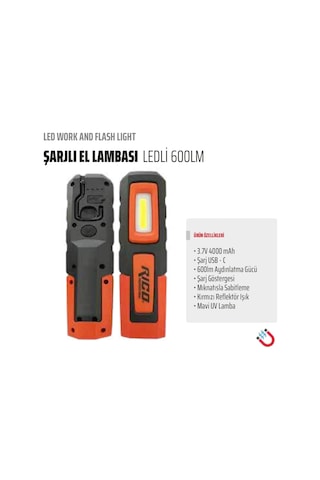 Rıco 600 Lümen Yüksek Kalite Suya Dayanıklı Led El Feneri Tamirci Siyah - Turuncu
