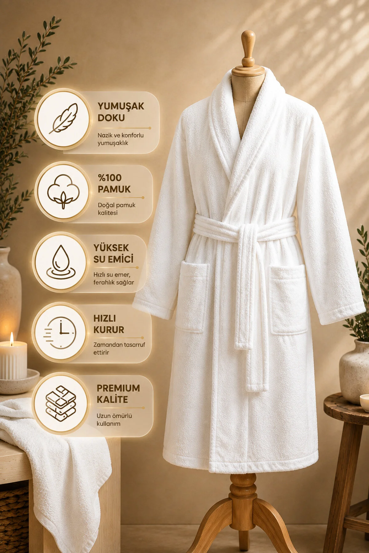 %100 Pamuk Unisex Beyaz Bornoz Yumuşak Dokulu Yüksek Su Emici Hızlı Kuruyan Cepli Banyo Bornozu