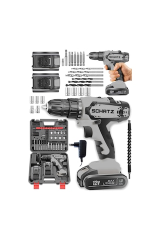 Schatz Pro 12v 1.5 Ah Darbeli Çelik Şanzıman Çift Akülü Bakır Sargılı Şarjlı Vidalama Matkap 24 Parça Gri -