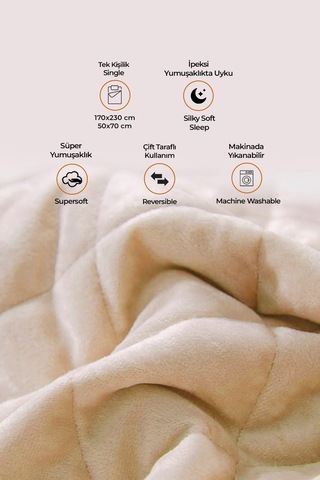 Evlen Home Kapitone Kadife Yatak Örtüsü Seti Tek Kişilik Supersoft 2 Parça Yumuşak Elyaf Dolgulu Bej Bej