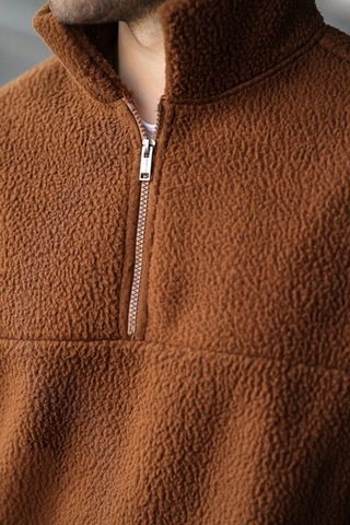 Madmext Kahverengi Yarım Fermuarlı Dik Yaka Polar Sweatshirt E7165 Kahverengi