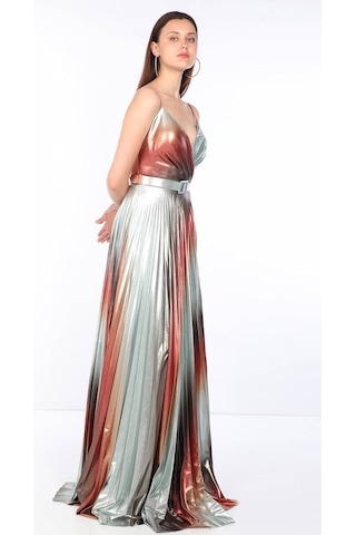 Kadın Ince Askılı Piliseli Parlak Abiye Renkli