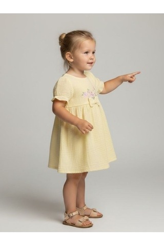 Zekids Kız Bebek Müslin Kumaş Çiçek Nakışlı Elbise-17288 Sarı