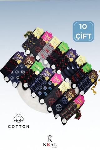 Kadın Renkli 10 Çift Likralı Pamuklu Penye Uzun Çorap ASORTİ