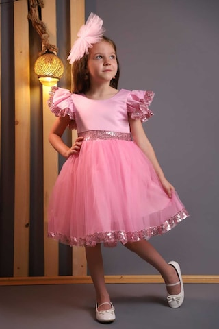 Kız Çocuk Tül Beyaz Pembe Kırmızı Tokalı Prenses Doğum Günü Bayram Abiye Mezuniyet Şık Elbise Pembe