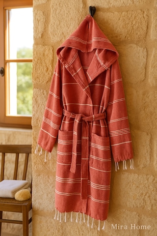 Kapüşonlu Kadın / Erkek Peştemal Bornoz Soft %100 Pamuklu Natural Kiremit