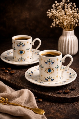 2 Kişilik Porselen Nazar Göz Kahve Fincan Takımı Seti 90ml Beyaz