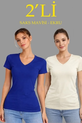 Efnaz Style 2li V Yaka Tişört Kısa Kollu Yazlık Slim Fit Body - Saks Mavisi - Ekru Çok Renkli
