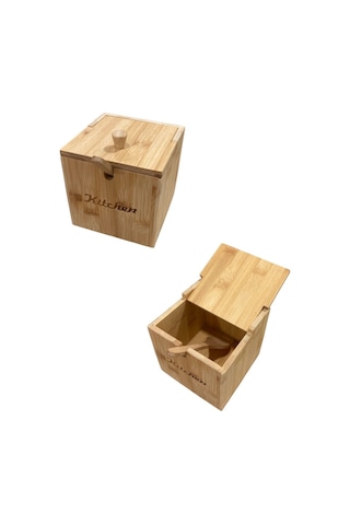 Qerhome Bmabu Kapaklı Ve Kaşıklı Şekerlik - Tuzluk - Baharatlık Veya Baharat Kabı 12 Cm 12 Cm Ahşap