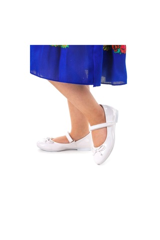 Kiko Kids Fiyonklu Cırtlı Kız Çocuk Babet Ayakkabı 201 Rugan Beyaz 001