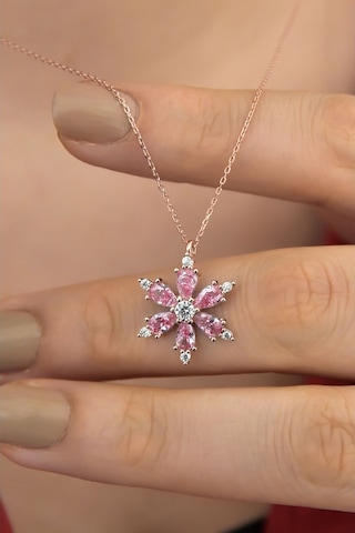 925 Ayar Gümüş Pembe Taşlı Kamelya Çiçeği Kadın Kolye (487912718)