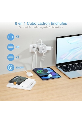 Tessan Enchufe 2 Port Usb C, 6 Ve 1 Cubo Cargador Ladron Enchufes Triple Con 1 Tipo C, Enchufe Multiple Pared Con Switch 0