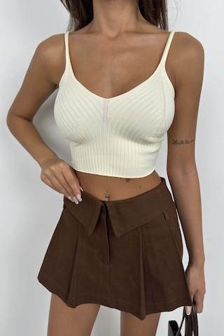 Balmior V Yaka Crop Bluz Ekru