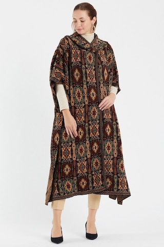 Uludağ Triko Kadın Kilim Desen Kapşonlu Panço Gümüş-Std Gümüş
