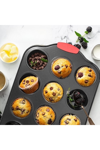 Mallart 12 Bölmeli Muffin Ve Cupcake Kalıbı - Yapışmaz Karbon Çelik Fırın Kabı, Isıya Dayanıklı Kırmızı Silikon Saplı, Bpa İçermeyen Sağlıklı Pişirme Gri